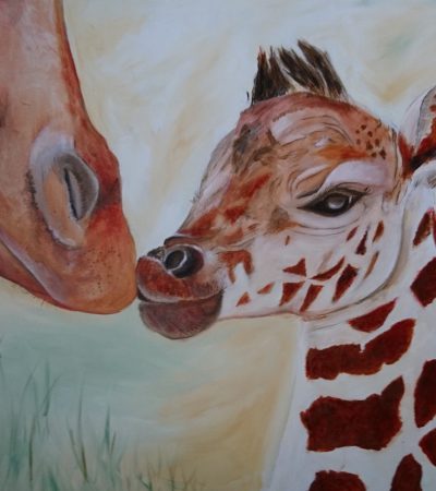 273-Giraffe jong met moeder Acryl 80x60cm MDF